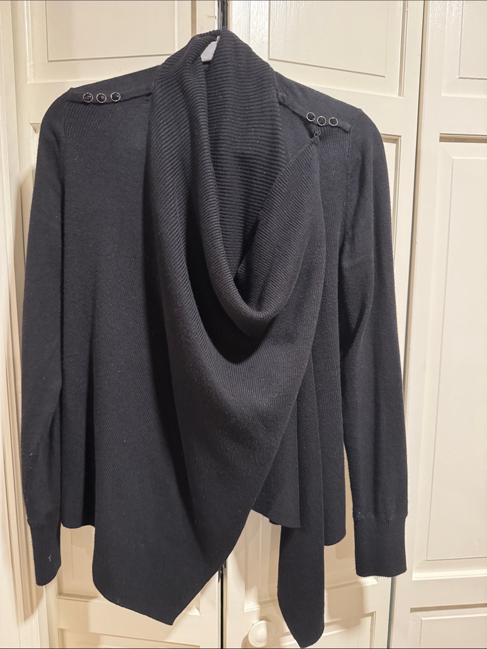 White House Black Market Black Draped Cowl Neck Sweater with Button Accents